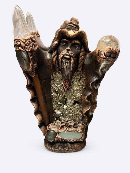 Pyrite Cave Wizard Sculpture with Quartz Points & Citrine Sphere